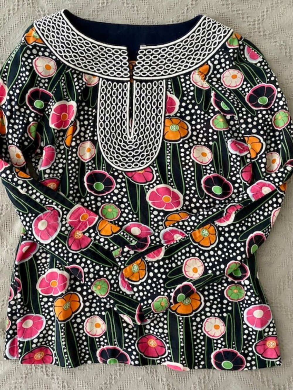 Tory Burch Women's Floral Embroidered Yoke Tunic Top Blouse Long Sleeve size 4